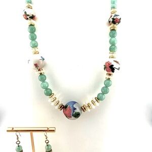 Vintage Stone Hand Painted Beaded Necklace Matching Earrings